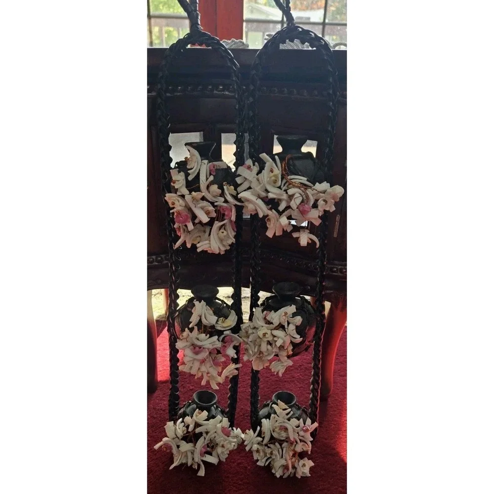 Vintage Asian Hanging Wall Vases – Pair Floral Ceramic & Woven Rope Décor – 20